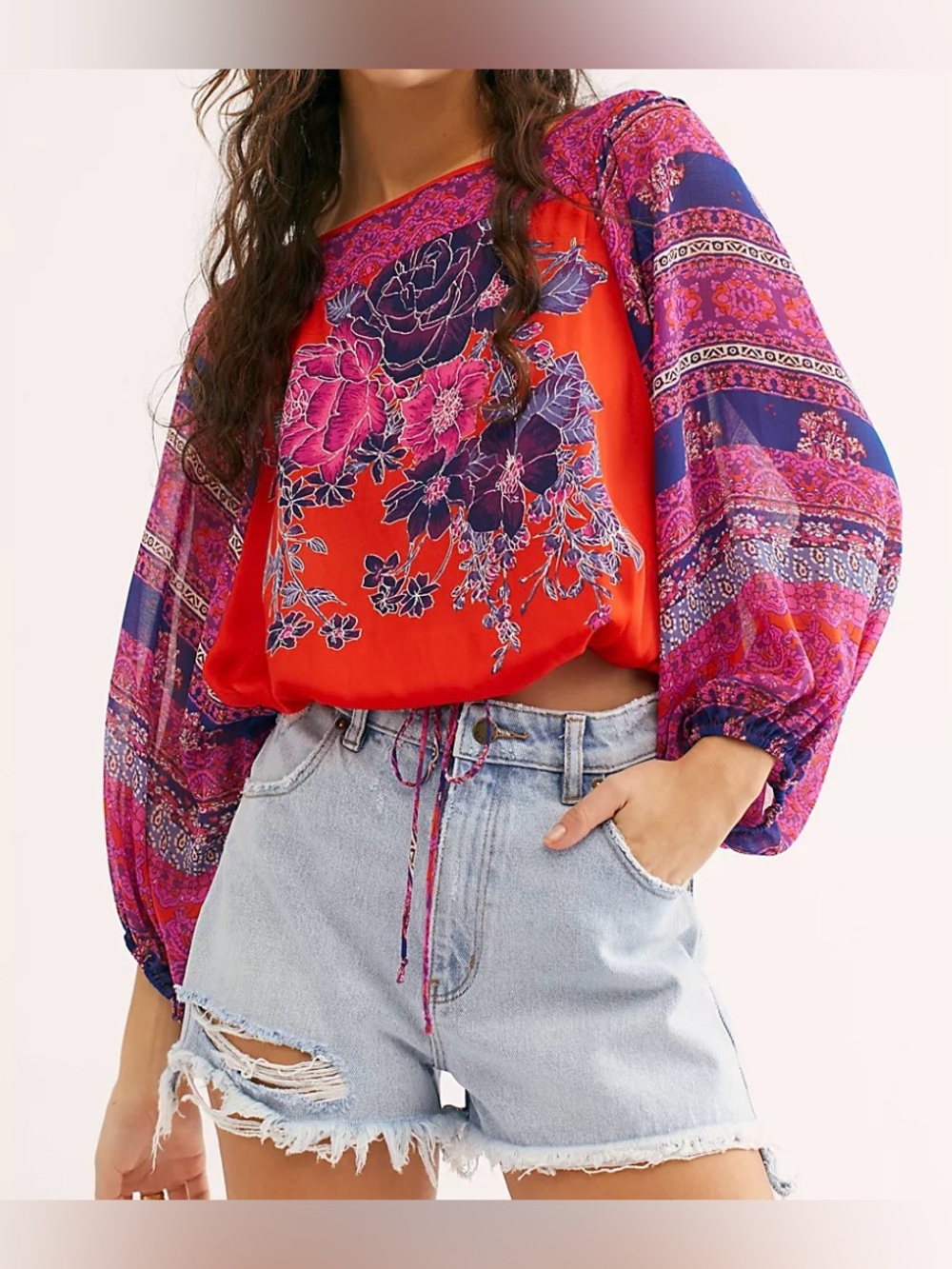 Free People Red and Purple Floral Balloon-Sleeve Tie Waist Blouse - Size M
